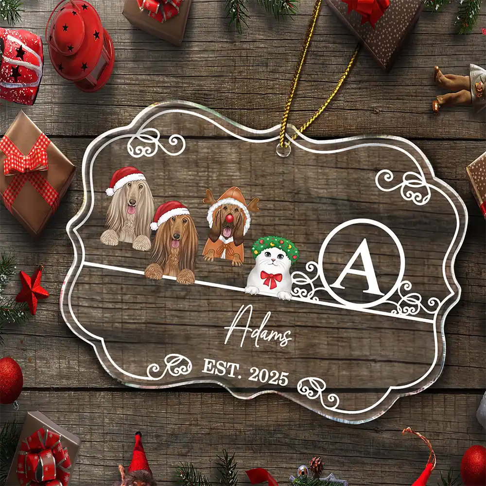 Pet Lovers,Happy,Christmas - Monogram Family Name Dog Cat Pet Christmas - Personalized Medallion Acrylic Ornament