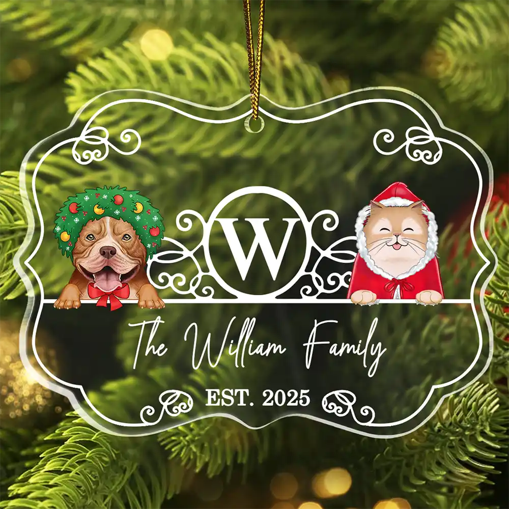 Monogram Family Name Dog Cat Pet Christmas - Personalized Medallion Acrylic Ornament