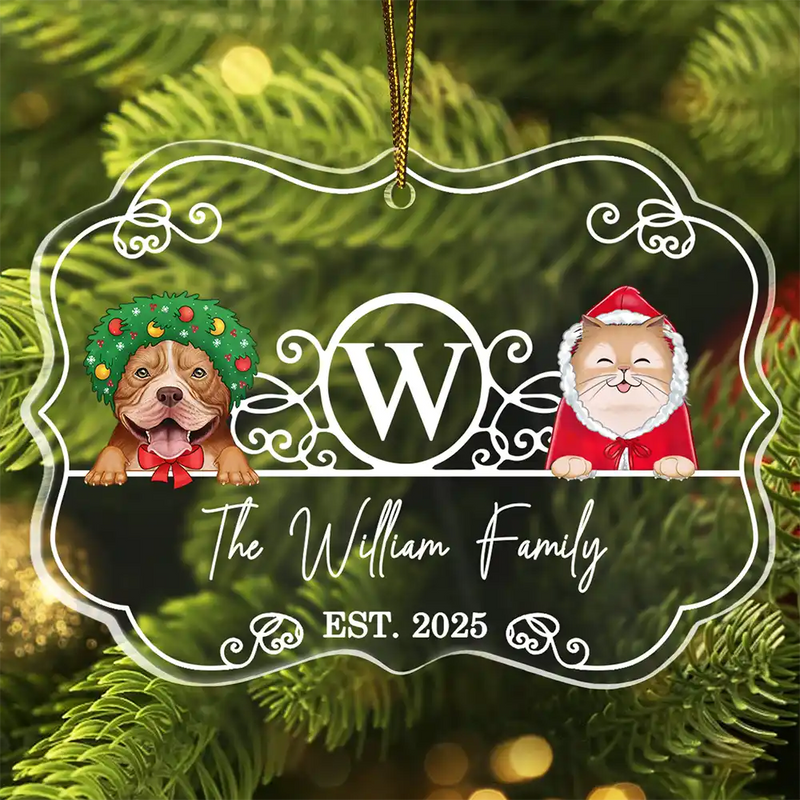Pet Lovers,Happy,Christmas - Monogram Family Name Dog Cat Pet Christmas - Personalized Medallion Acrylic Ornament