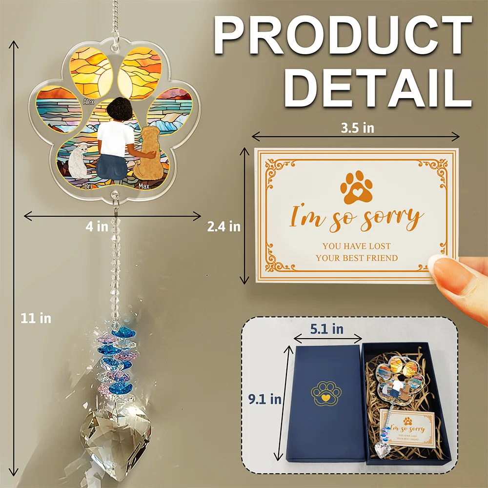 Pet Lovers,Dog Lovers,Cat Lovers,Sad - Sympathy Pet Memorial Back View Sorry You Have Lost - Personalized Heart Crystal Suncatcher