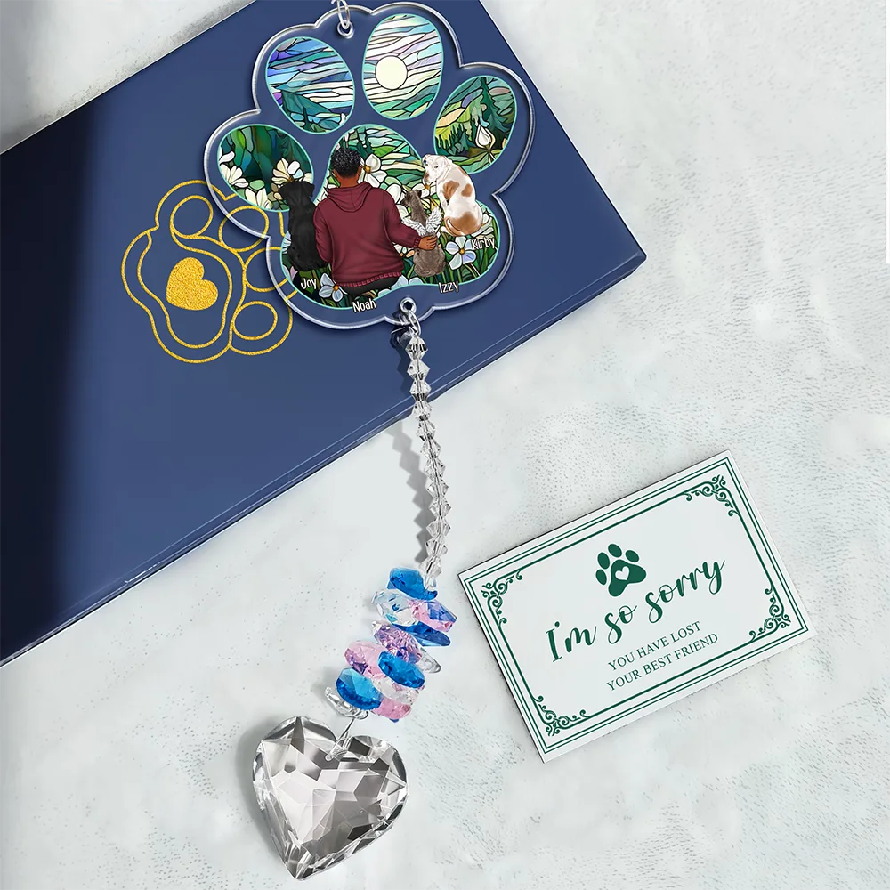 Pet Lovers,Dog Lovers,Cat Lovers,Sad - Sympathy Pet Memorial Back View Sorry You Have Lost - Personalized Heart Crystal Suncatcher