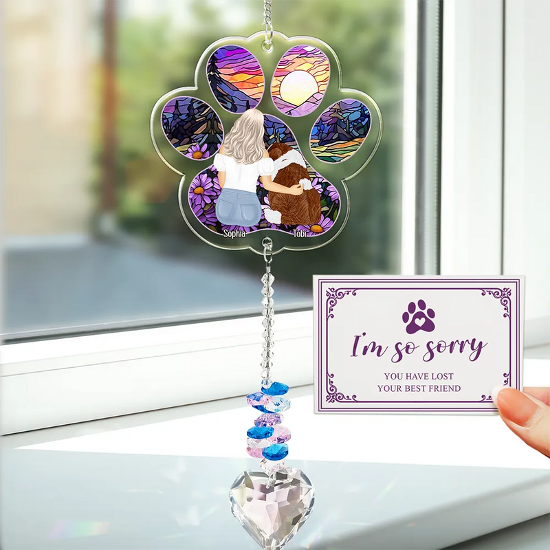 Pet Lovers,Dog Lovers,Cat Lovers,Sad - Sympathy Pet Memorial Back View Sorry You Have Lost - Personalized Heart Crystal Suncatcher