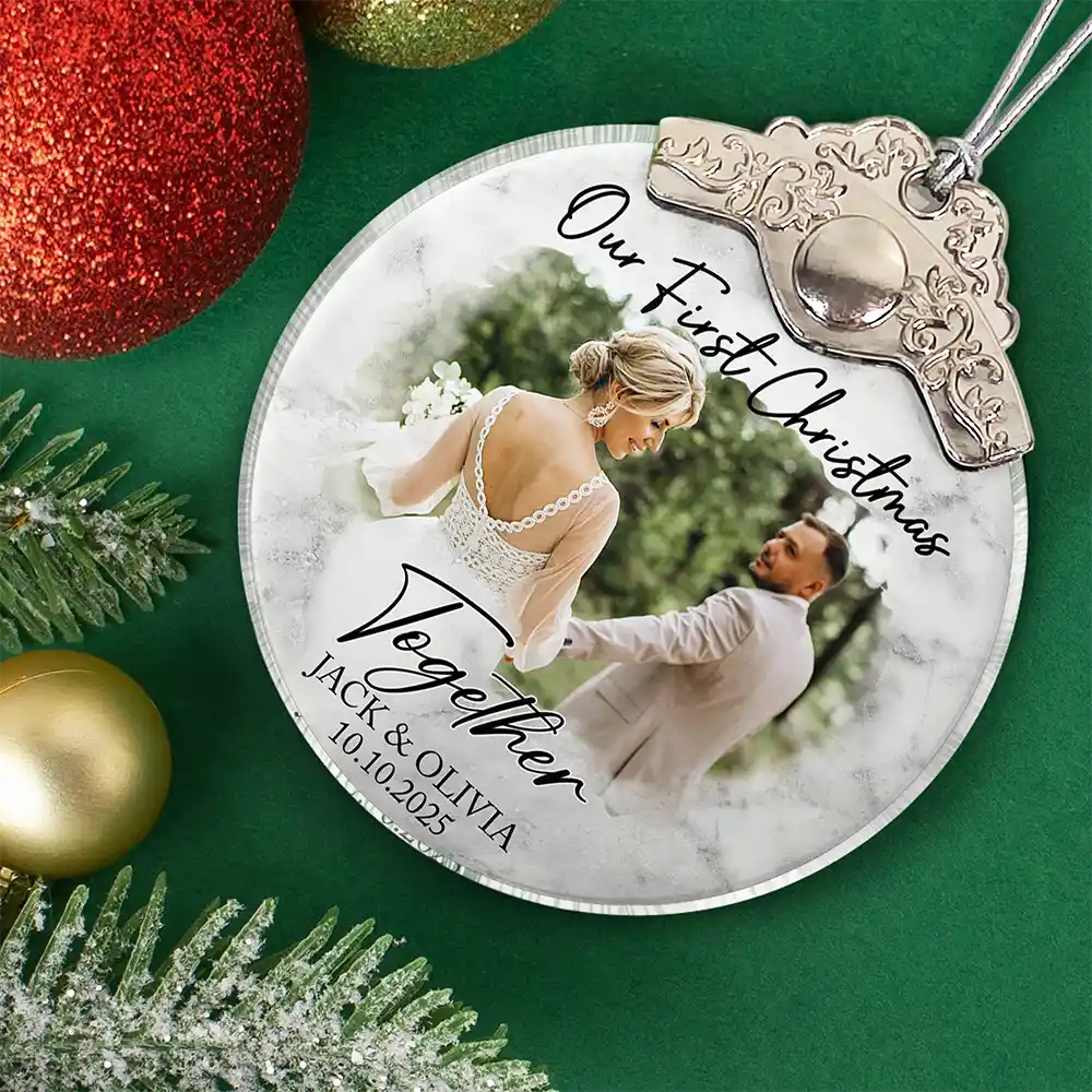 Gift For Couples,Gift For Husband,Gift For Wife,Christmas,Wedding,Love - Custom Photo First Christmas As Mr & Mrs Couples - Personalized Glass Ornament With Silver Cap