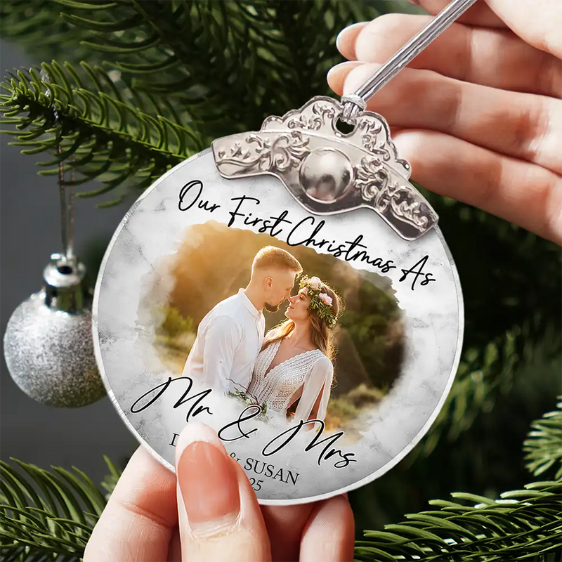 Gift For Couples,Gift For Husband,Gift For Wife,Christmas,Wedding,Love - Custom Photo First Christmas As Mr & Mrs Couples - Personalized Glass Ornament With Silver Cap