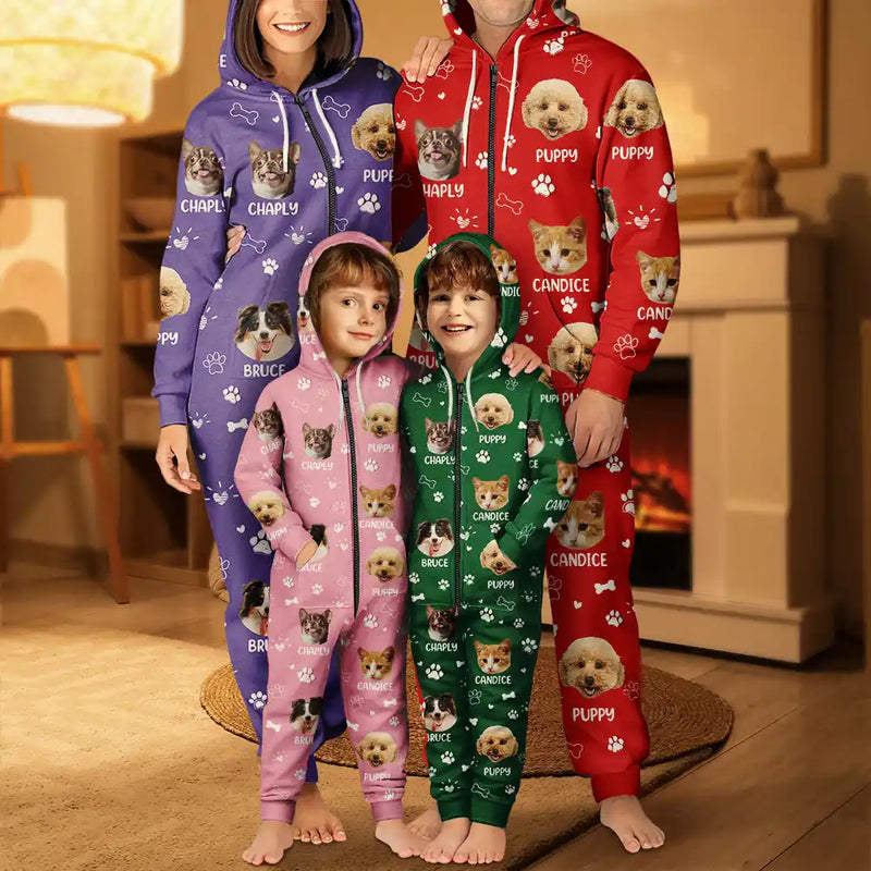 Pet Lovers,Custom Photo,Happy - Custom Photo Paw Prints In My Heart Pet Mom Dad Dog Cat Lover - Personalized Overall Onesie Hooded Jumpsuit