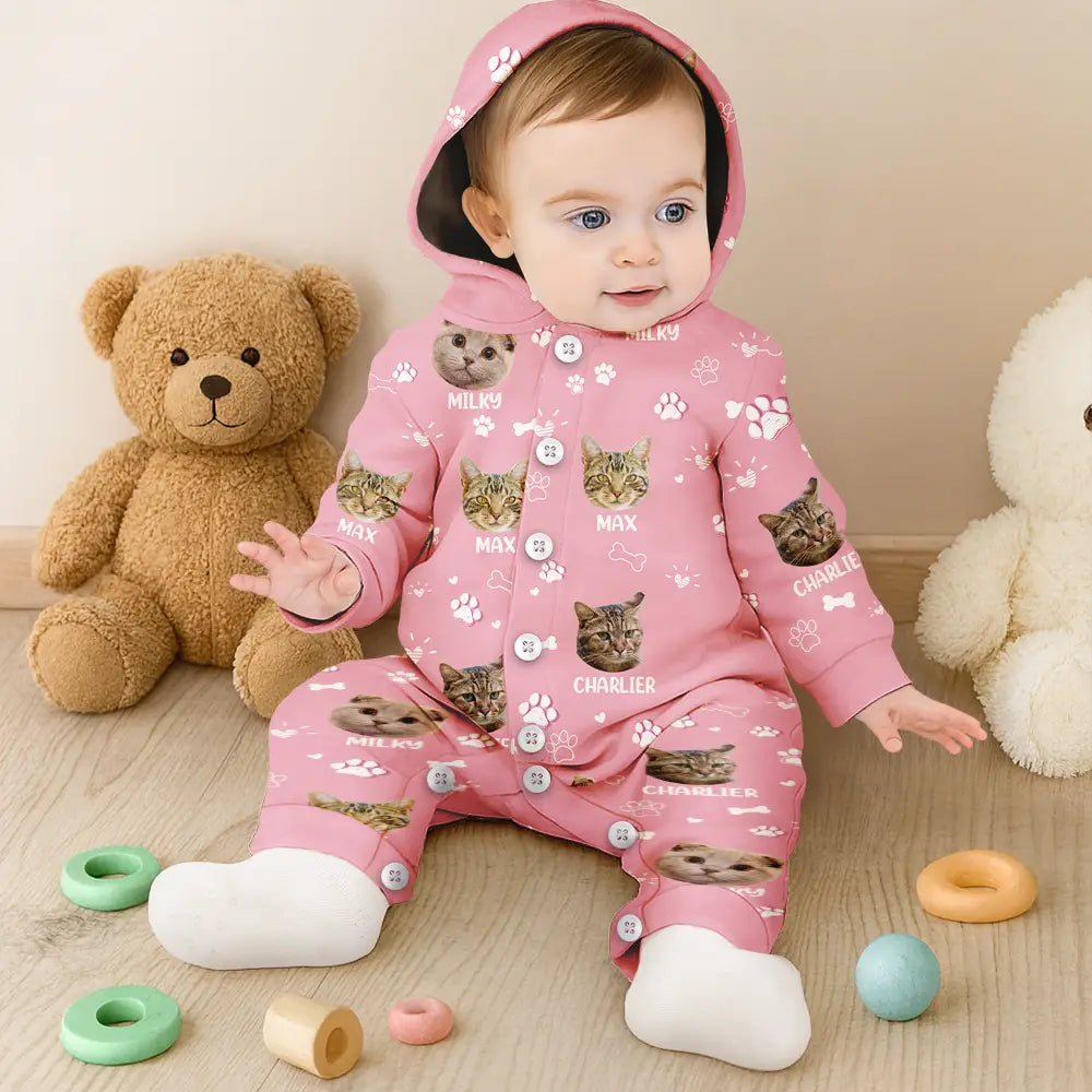 Pet Lovers,Custom Photo,Happy - Custom Photo Paw Prints In My Heart Pet Mom Dad Dog Cat Lover - Personalized Overall Onesie Hooded Jumpsuit