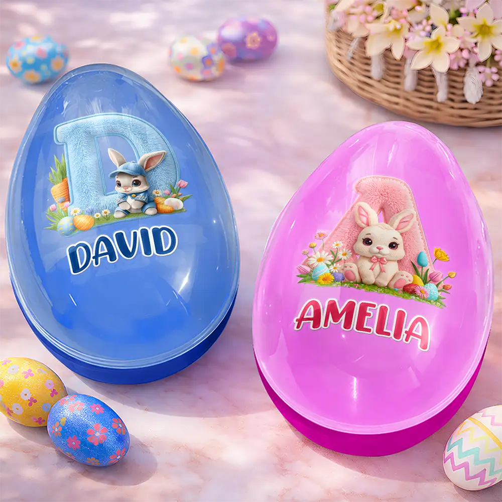 Easter,Non-Eng,Gift For Kids,Gift For Grandkids,Grandma - Grandkids,Grandpa - Grandkids,Dad - Children,Mom - Children,Happy - Faux Embroidery Effect Chenille Bunny Alphabet Letters - Personalized Fillable Egg
