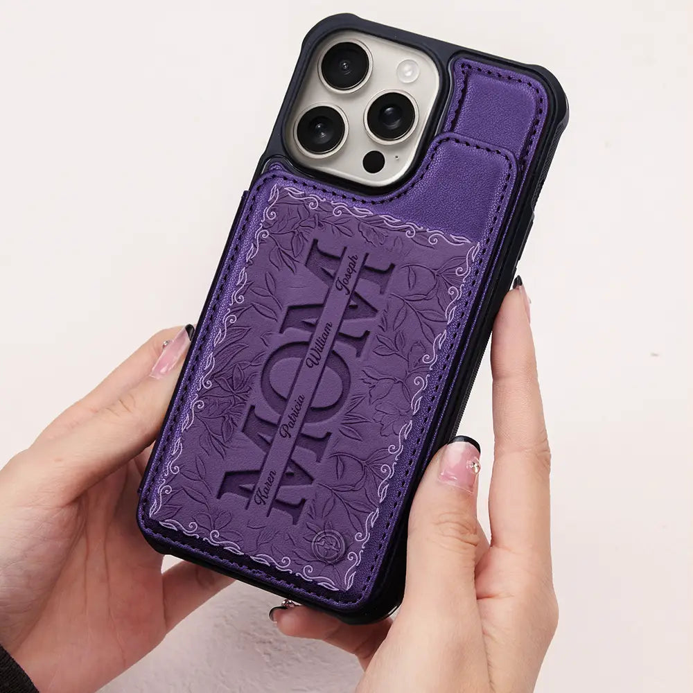 Gift For Mother,Gift For Grandma,Happy - Embossed Flower Leather Mom We Love You - Personalized Leather Flip Wallet Phone Case