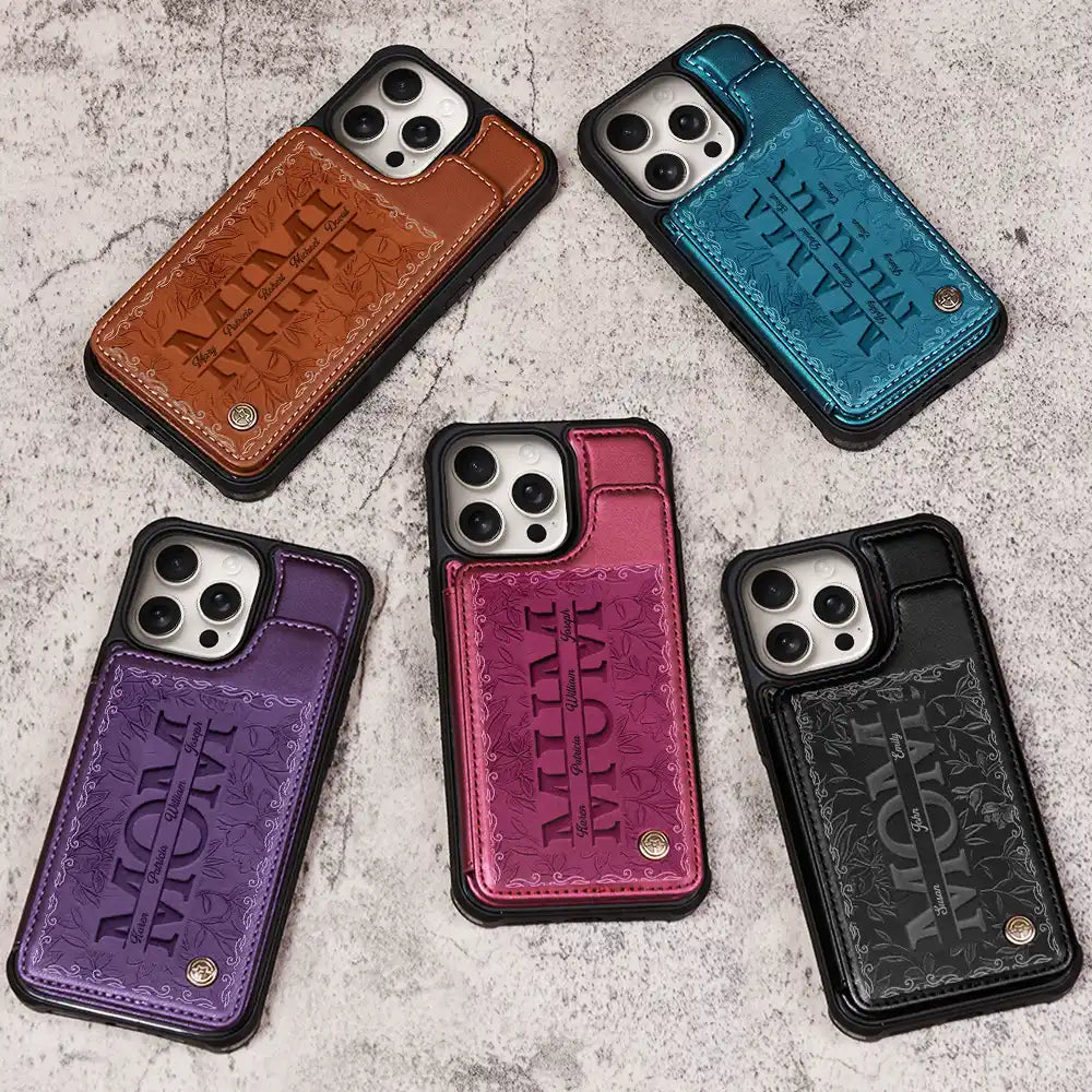Gift For Mother,Gift For Grandma,Happy - Embossed Flower Leather Mom We Love You - Personalized Leather Flip Wallet Phone Case