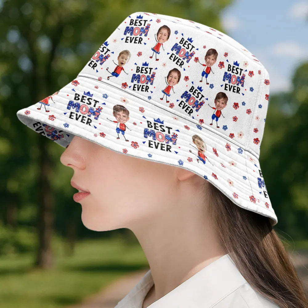 Gift For Mother,Gift For Grandma,Happy,Summer,Gift For Father,Gift For Grandpa,Independence Day,Photo,Icon,Humorous - Custom Photo Stars & Stripes Best Dad Mom Grandpa Grandma Ever - Personalized Bucket Hat