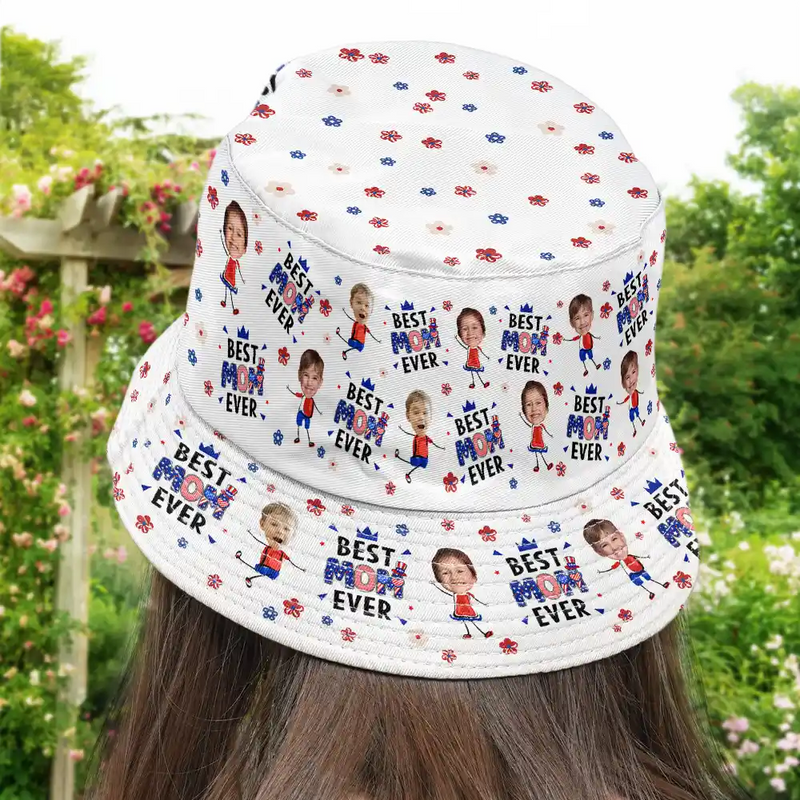 Gift For Mother,Gift For Grandma,Happy,Summer,Gift For Father,Gift For Grandpa,Independence Day,Photo,Icon,Humorous - Custom Photo Stars & Stripes Best Dad Mom Grandpa Grandma Ever - Personalized Bucket Hat
