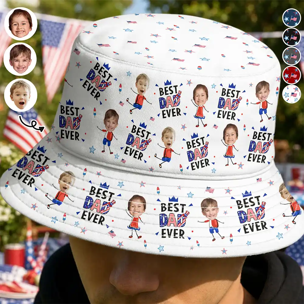 Gift For Mother,Gift For Grandma,Happy,Summer,Gift For Father,Gift For Grandpa,Independence Day,Photo,Icon,Humorous - Custom Photo Stars & Stripes Best Dad Mom Grandpa Grandma Ever - Personalized Bucket Hat