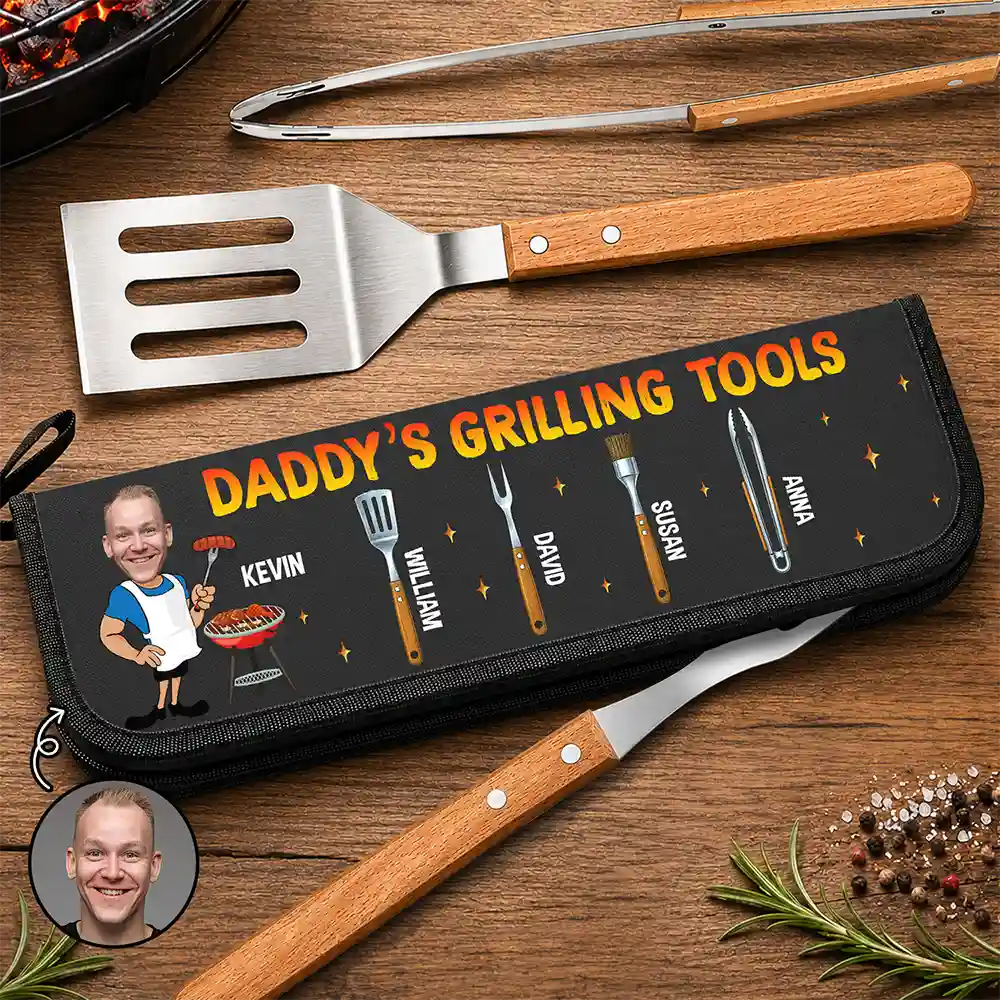 Gift For Father,Gift For Grandpa,Grandpa's Hobby,Dad's Hobby,Grilling,Non-Eng,Photo,Icon,Humorous - Custom Photo Daddy Papa Grilling Tools - Personalized BBQ Tool Set With Storage Bag
