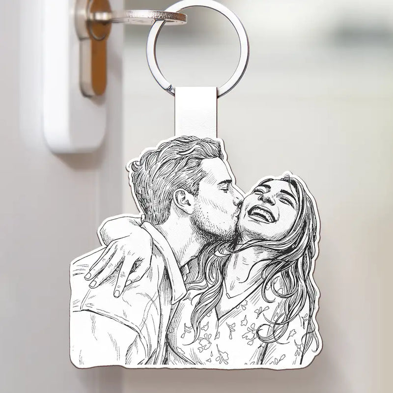 Gift For Couples,Gift For Husband,Gift For Boyfriend,Gift For Yourself,Gift For Women,Gift For Men,Gift For Grandpa,Gift For Father,Pet Lovers,Pet Mom,Pet Dad,Gift For Bestie,Non-Eng,Photo - Pencil Sketch (White BG),Sentimental - Custom Photo Pencil Sketch Art Family Dog Cat Portrait - Personalized Custom Shaped Leather Keychain