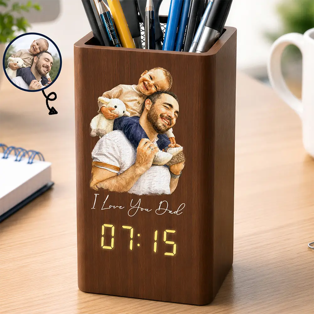 Custom Photo Realistic Watercolor Art I Love You Dad Grandpa Motivation Gift - Personalized Pen Holder With Clock