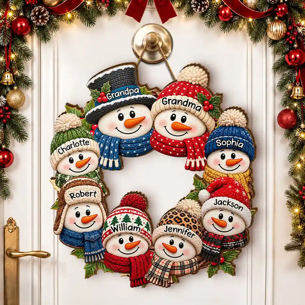 Christmas Decor For Grandparents - Personalized Snowman Wreath Wood Sign