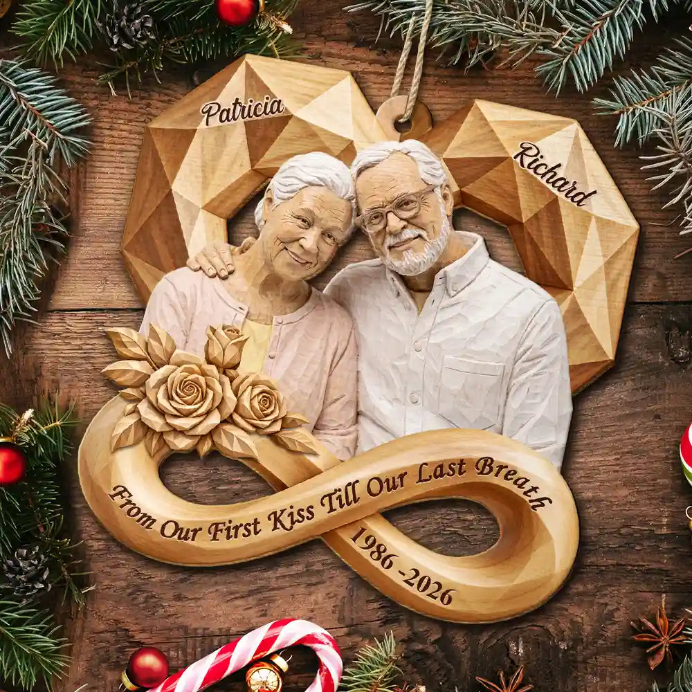 Anniversary,Art Design,Christmas,Custom Photo,Gift For Couples,Old Couples,Photo - Wooden Effect,Romantic - Anniversary Gift For Couples - Personalized Custom Photo Infinity Rose Heart Wooden Ornament