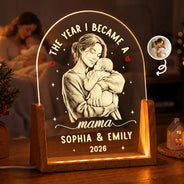Art Design, Christmas, Custom Photo, First Christmas, Gift For Mother, Gifts For Her, Happy, New Baby, New Mom, Photo - Pencil Sketch - Dark BG - Gift For New Mom - Personalized Custom Photo Pencil Sketch The Year I Became A Mama Night Light