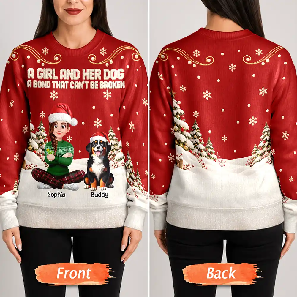 Christmas,Dog Lovers,Happy,Pet Lovers,Vector - Christmas Gift For Dog Lovers - Personalized Cartoon A Girl And Her Dog Unisex Ugly Sweater