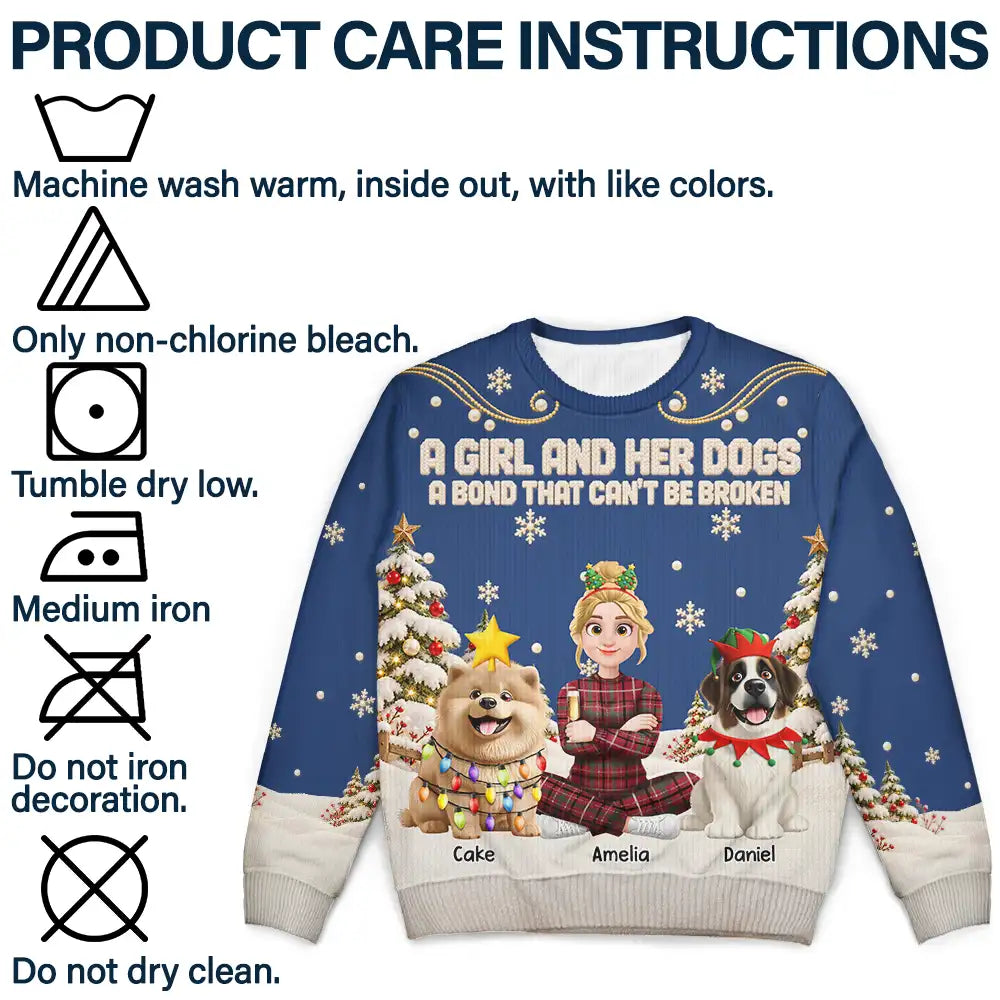Christmas,Dog Lovers,Happy,Pet Lovers,Vector - Christmas Gift For Dog Lovers - Personalized Cartoon A Girl And Her Dog Unisex Ugly Sweater