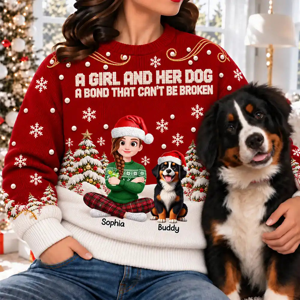 Christmas,Dog Lovers,Happy,Pet Lovers,Vector - Christmas Gift For Dog Lovers - Personalized Cartoon A Girl And Her Dog Unisex Ugly Sweater