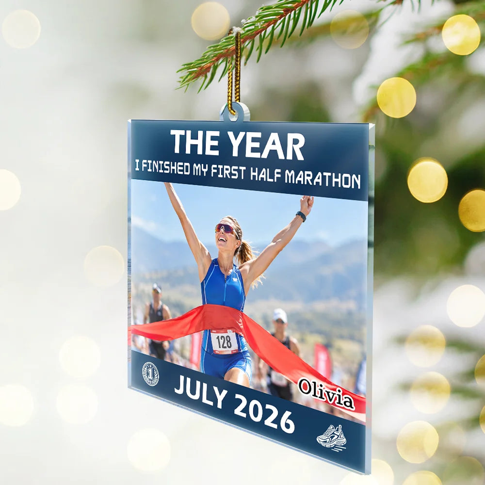 Christmas,Custom Photo,Gift For Yourself,Gifts For Her,Gifts For Him,Inspirational,Running,Top Market,Upload Full Photo - Christmas Gift For Runner - Personalized Custom Photo And Date First Marathon Finisher Acrylic Ornament