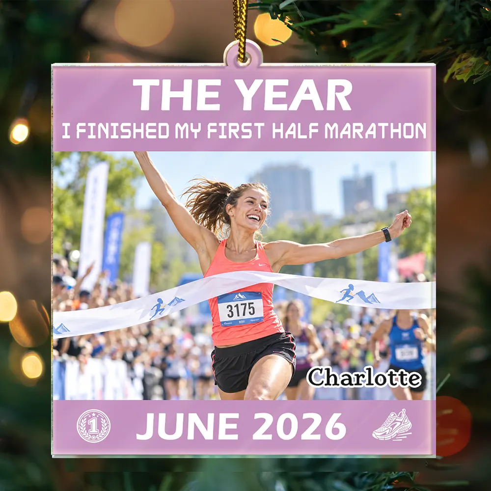 Christmas,Custom Photo,Gift For Yourself,Gifts For Her,Gifts For Him,Inspirational,Running,Top Market,Upload Full Photo - Christmas Gift For Runner - Personalized Custom Photo And Date First Marathon Finisher Acrylic Ornament