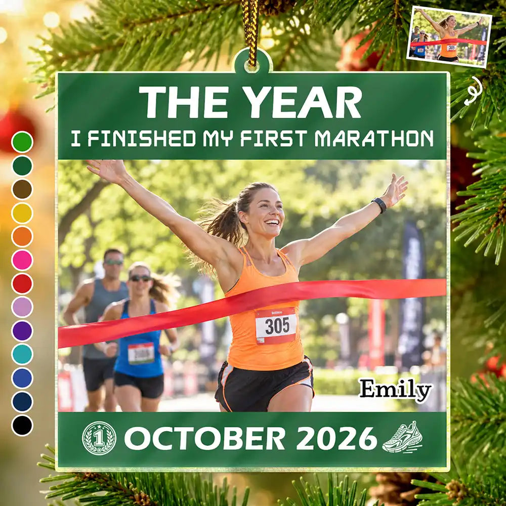 Christmas,Custom Photo,Gift For Yourself,Gifts For Her,Gifts For Him,Inspirational,Running,Top Market,Upload Full Photo - Christmas Gift For Runner - Personalized Custom Photo And Date First Marathon Finisher Acrylic Ornament