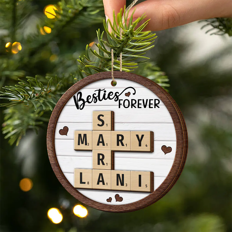 Christmas,Gift For Bestie,Gift For Sisters,Happy - Crossword Sisters Forever - Personalized 2-Layered Wooden Ornament