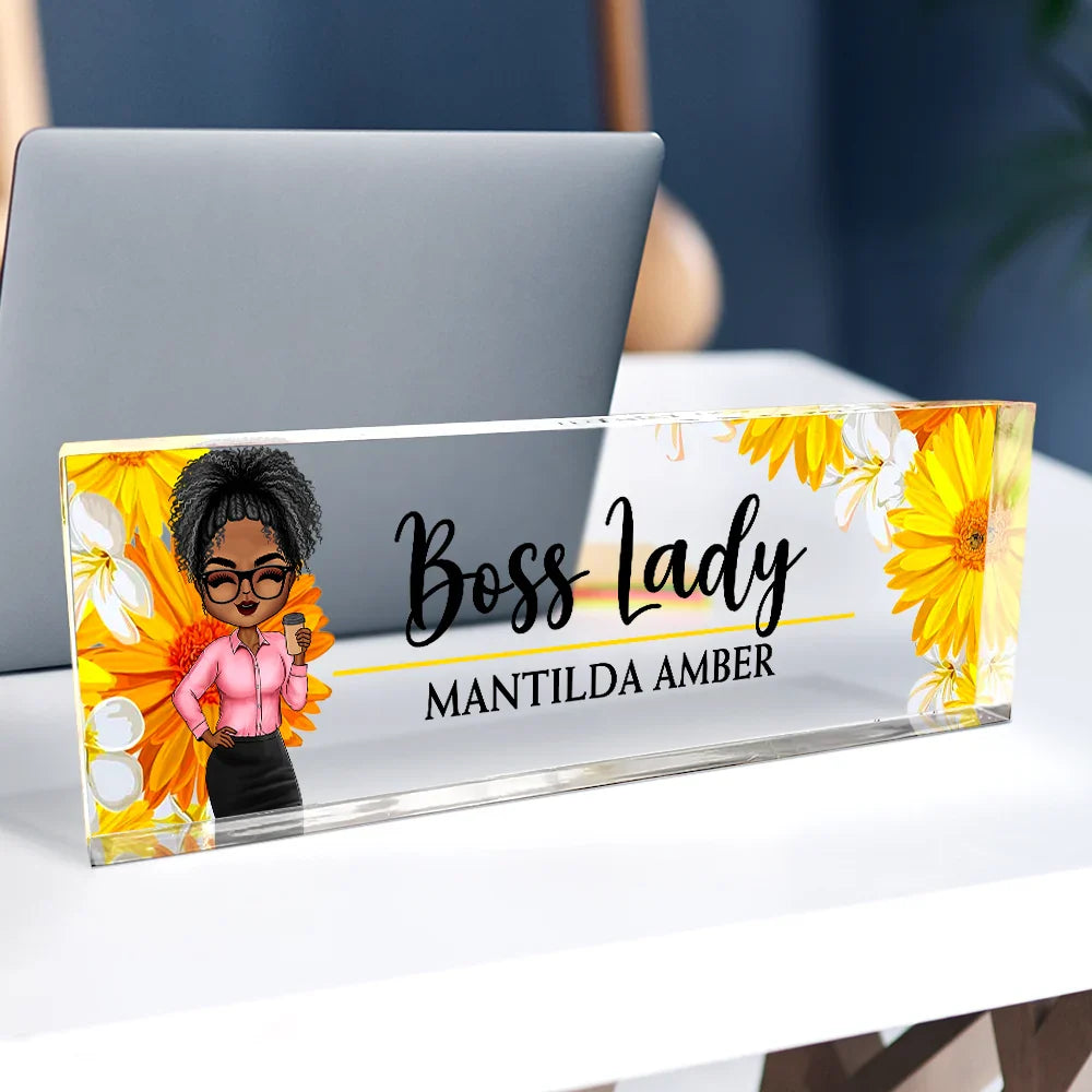 Gifts For Colleagues,Custom Photo,Gift For Bestie,Happy - Boss Lady Flower Frame - Personalized Desk Name Plate