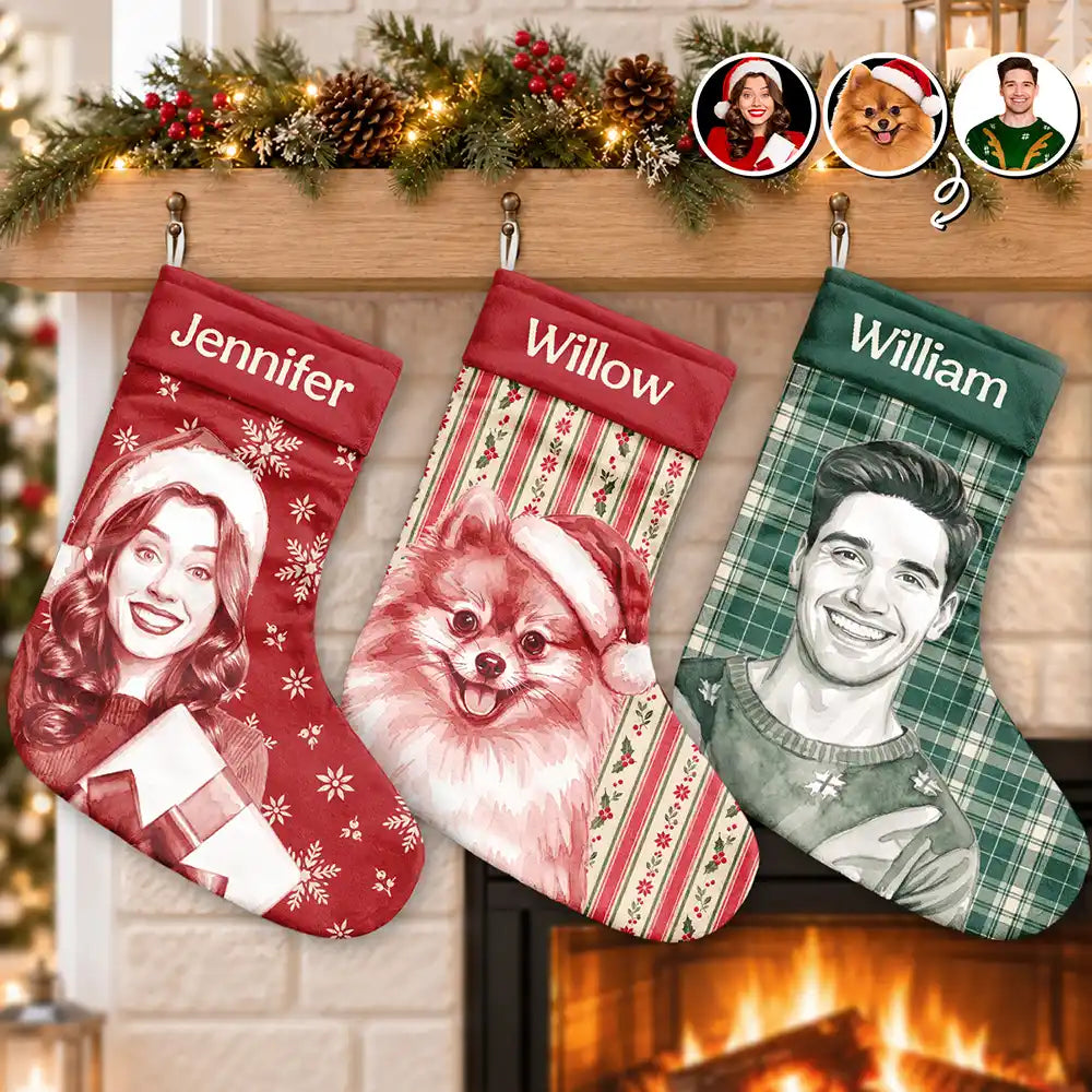 Art Design,Christmas,Custom Photo,Family,Happy,Photo - Porcelain Art Style - Fireplace Mantel Decor For Family - Personalized Custom Photo Watercolor Pet Family Name Christmas Stocking