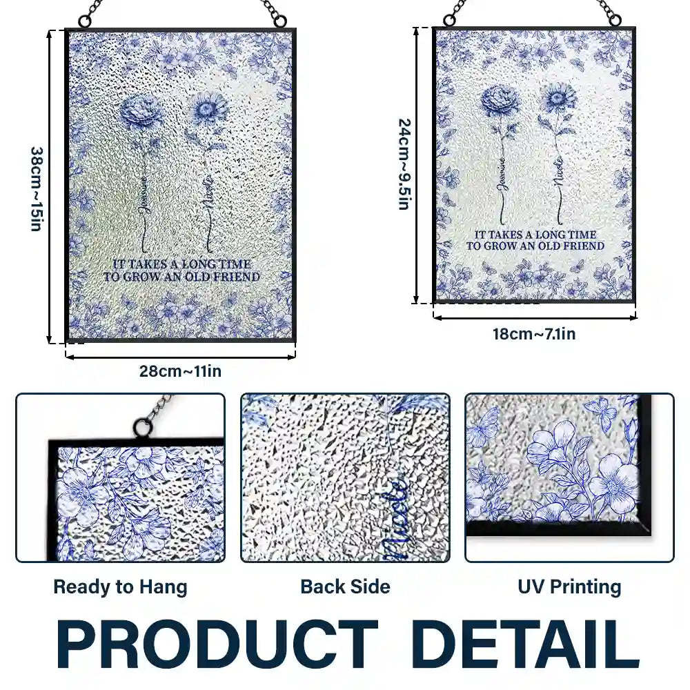 Gift For Bestie,Love - Toile De Jouy Butterfly Birth Flower Grow An Old Friend - Personalized Vertical Stained Glass Suncatcher