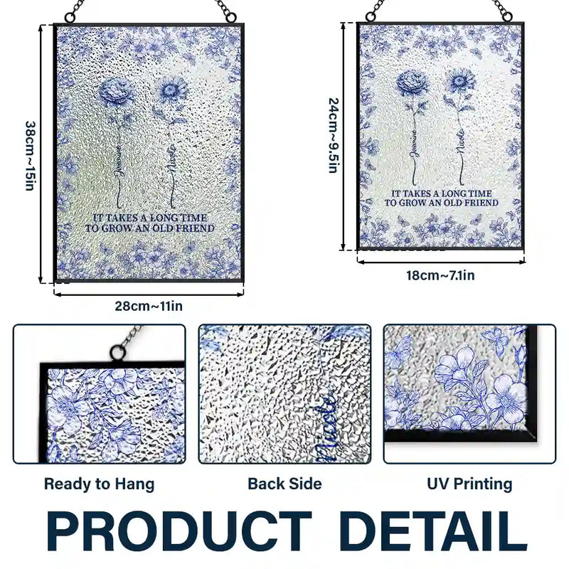 Gift For Bestie,Love - Toile De Jouy Butterfly Birth Flower Grow An Old Friend - Personalized Vertical Stained Glass Suncatcher