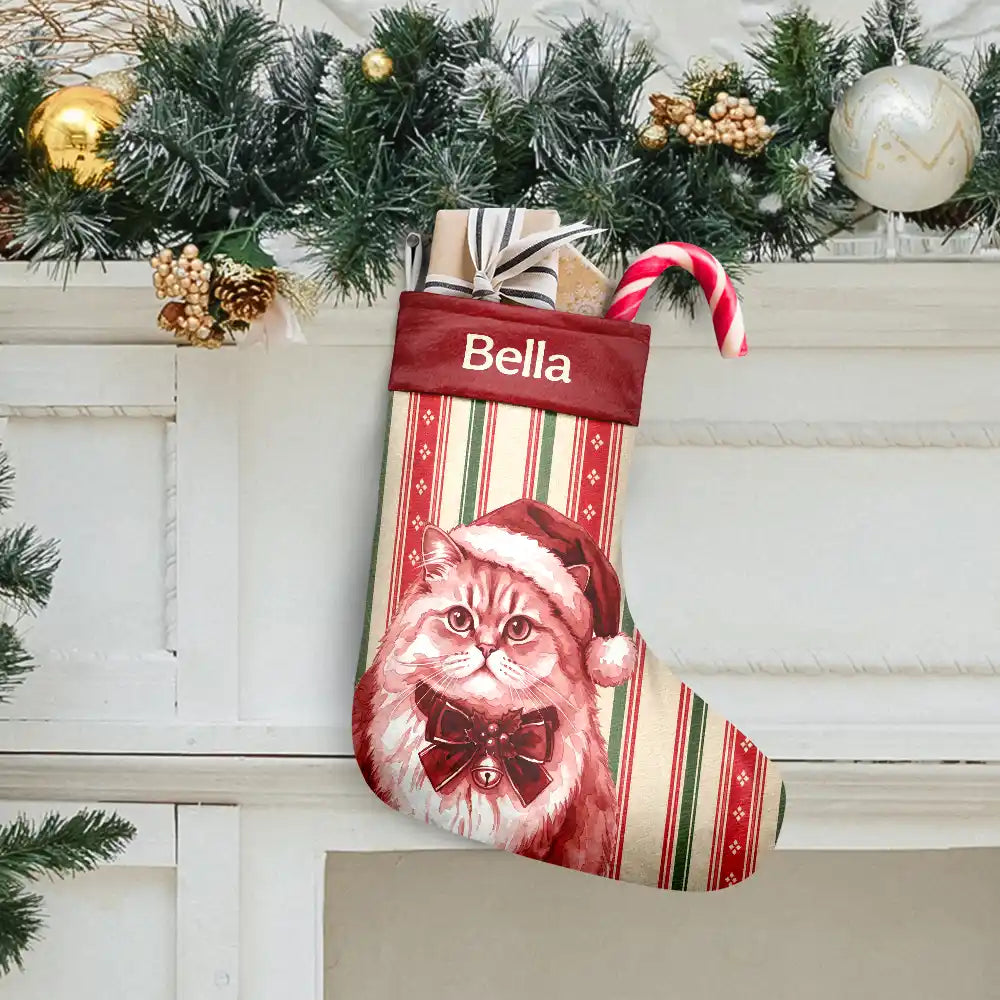 Art Design,Christmas,Custom Photo,Family,Happy,Photo - Porcelain Art Style - Fireplace Mantel Decor For Family - Personalized Custom Photo Watercolor Pet Family Name Christmas Stocking
