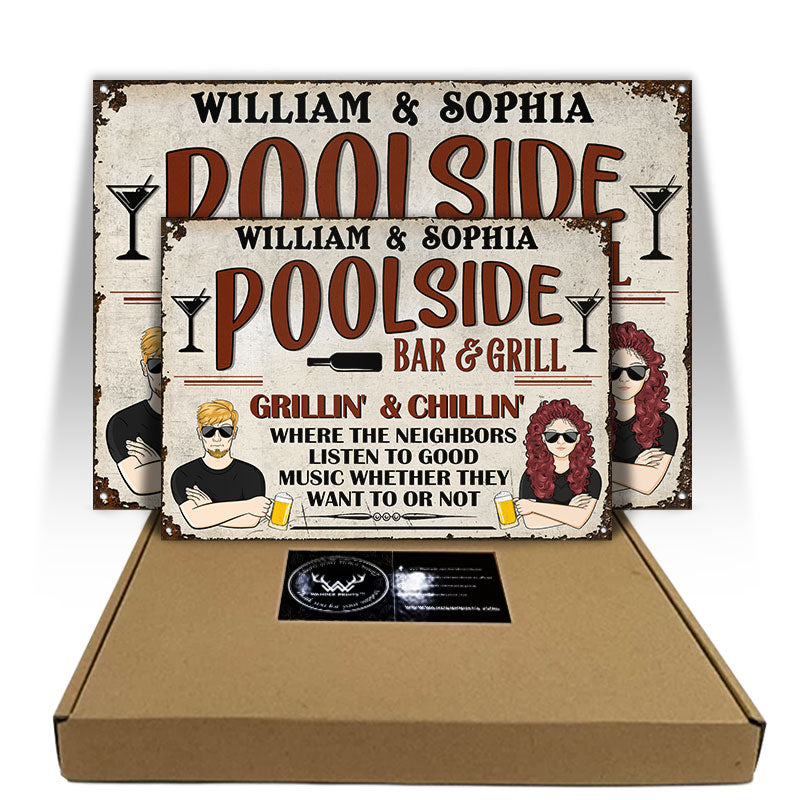 Bar & Grill Where The Neighbor - Décoration de piscine - Panneaux métalliques classiques personnalisés