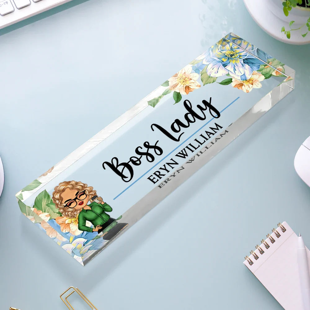 Gifts For Colleagues,Custom Photo,Gift For Bestie,Happy - Boss Lady Flower Frame - Personalized Desk Name Plate