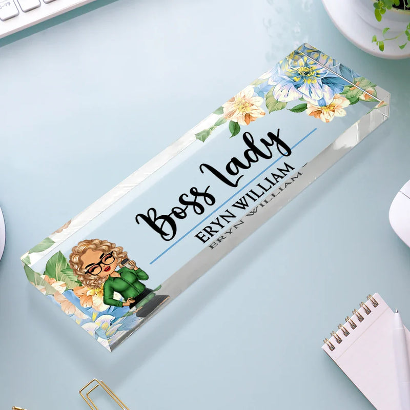 Gifts For Colleagues,Custom Photo,Gift For Bestie,Happy - Boss Lady Flower Frame - Personalized Desk Name Plate