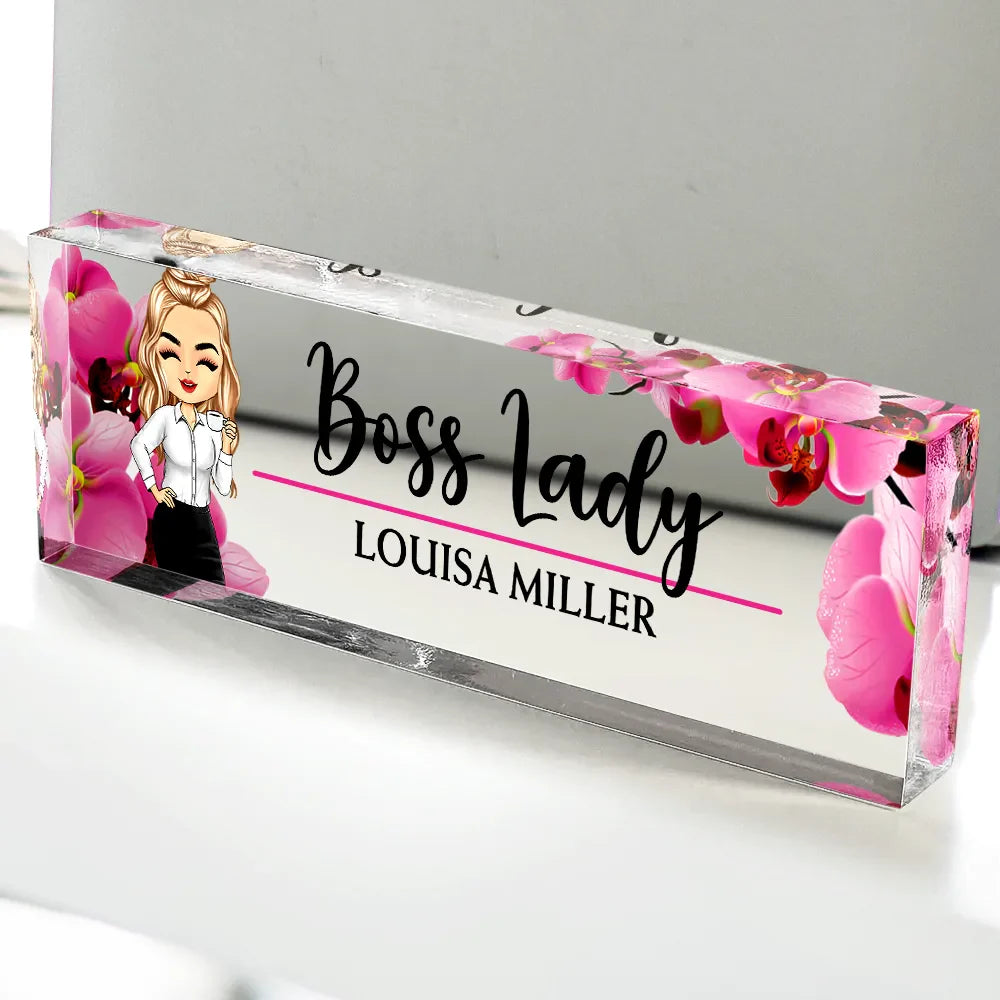 Gifts For Colleagues,Custom Photo,Gift For Bestie,Happy - Boss Lady Flower Frame - Personalized Desk Name Plate