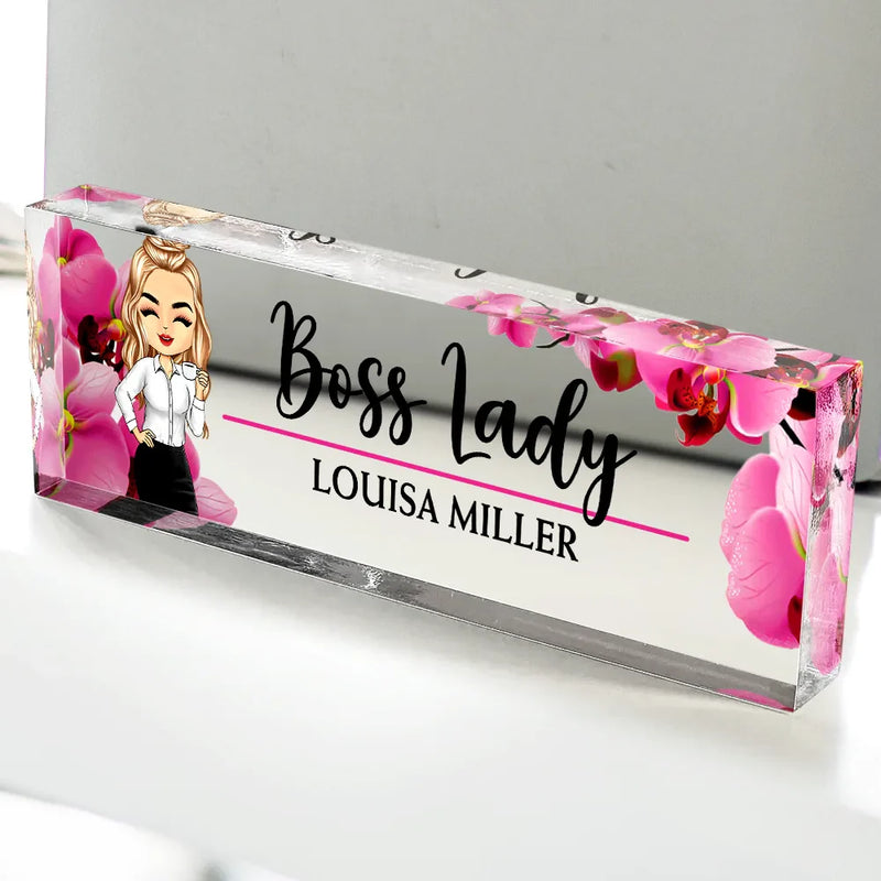 Gifts For Colleagues,Custom Photo,Gift For Bestie,Happy - Boss Lady Flower Frame - Personalized Desk Name Plate