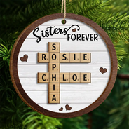 Christmas,Gift For Bestie,Gift For Sisters,Happy - Crossword Sisters Forever - Personalized 2-Layered Wooden Ornament