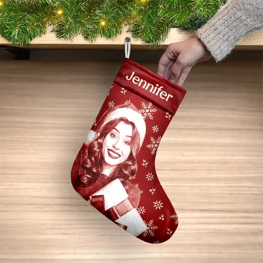 Art Design,Christmas,Custom Photo,Family,Happy,Photo - Porcelain Art Style - Fireplace Mantel Decor For Family - Personalized Custom Photo Watercolor Pet Family Name Christmas Stocking