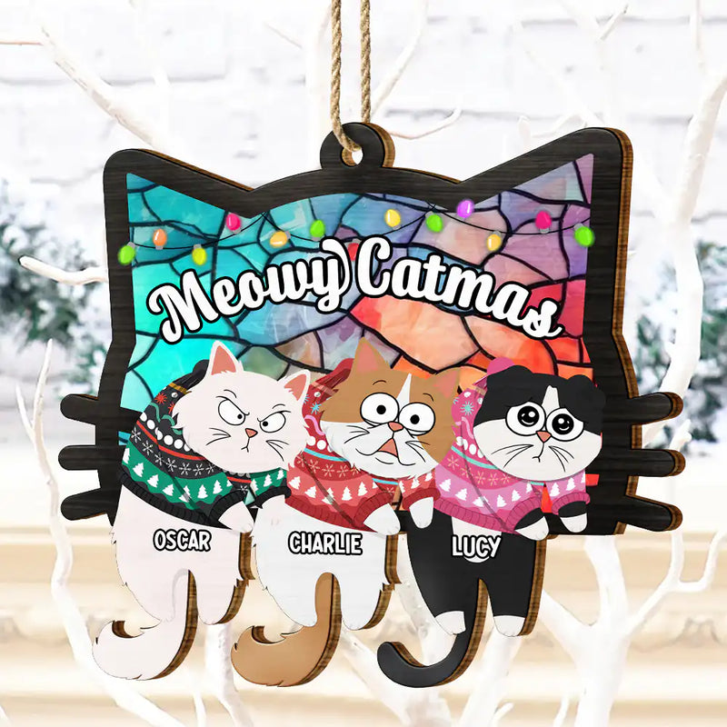 Christmas,Happy,Pet Lovers,Cat Lovers - Hanging Cats Meowy Catmas - Personalized Wooden Cutout Ornament