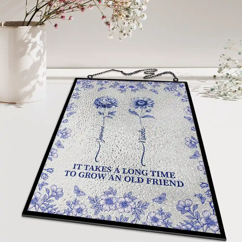 Gift For Bestie,Love - Toile De Jouy Butterfly Birth Flower Grow An Old Friend - Personalized Vertical Stained Glass Suncatcher
