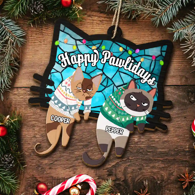 Christmas,Happy,Pet Lovers,Cat Lovers - Hanging Cats Meowy Catmas - Personalized Wooden Cutout Ornament