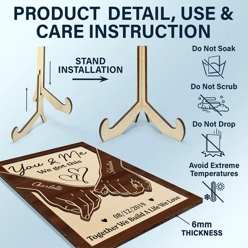 Gift For Couples,Gift For Husband,Gift For Wife,Love - Couple Holding Hands Together Till Our Last Breath - Personalized 2-Layered Wooden Plaque With Stand