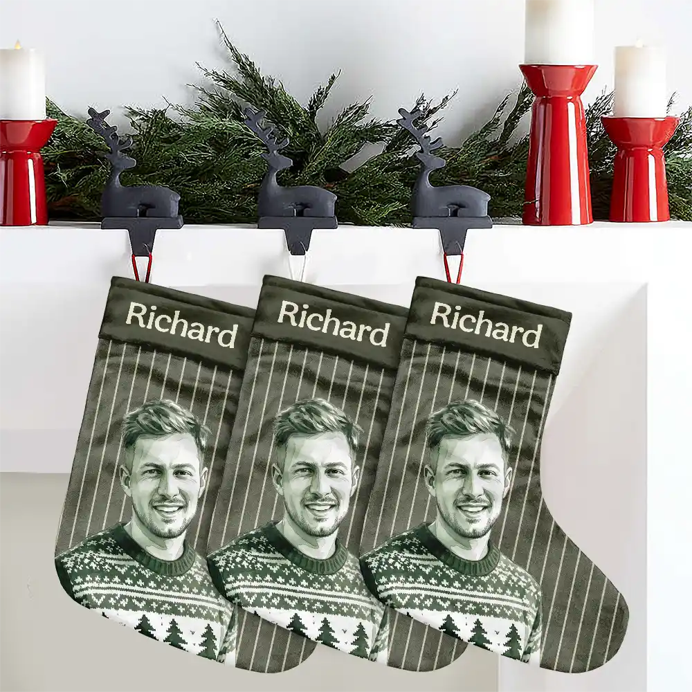 Art Design,Christmas,Custom Photo,Family,Happy,Photo - Porcelain Art Style - Fireplace Mantel Decor For Family - Personalized Custom Photo Watercolor Pet Family Name Christmas Stocking