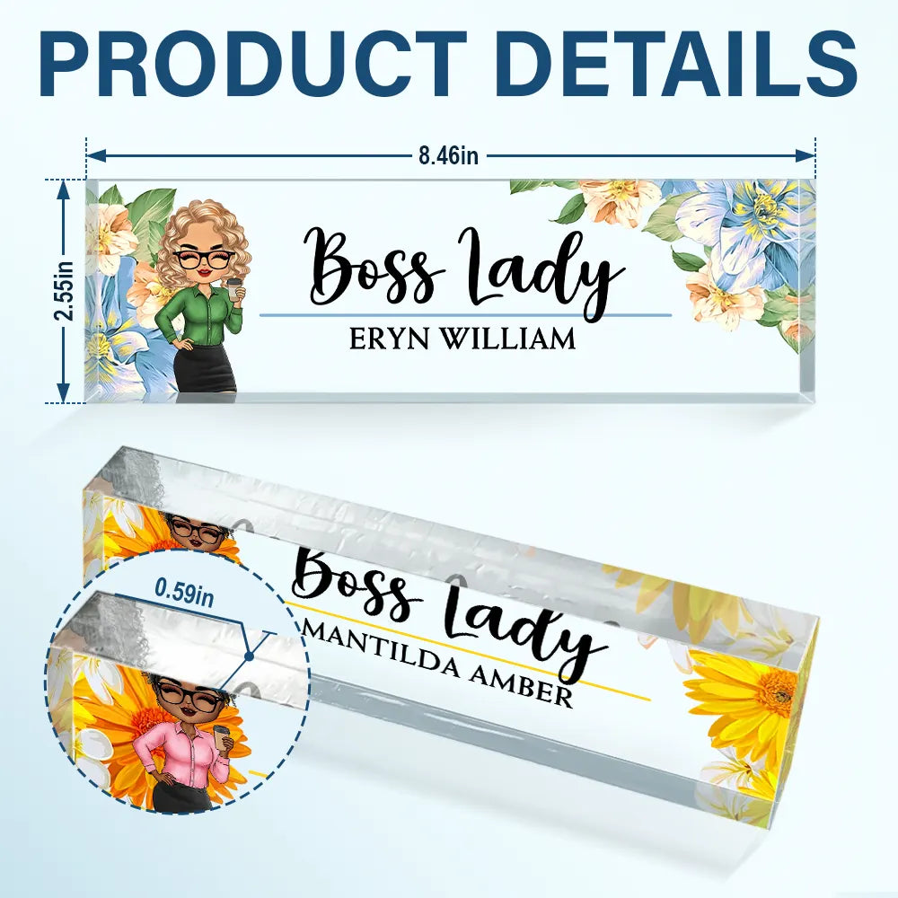 Gifts For Colleagues,Custom Photo,Gift For Bestie,Happy - Boss Lady Flower Frame - Personalized Desk Name Plate