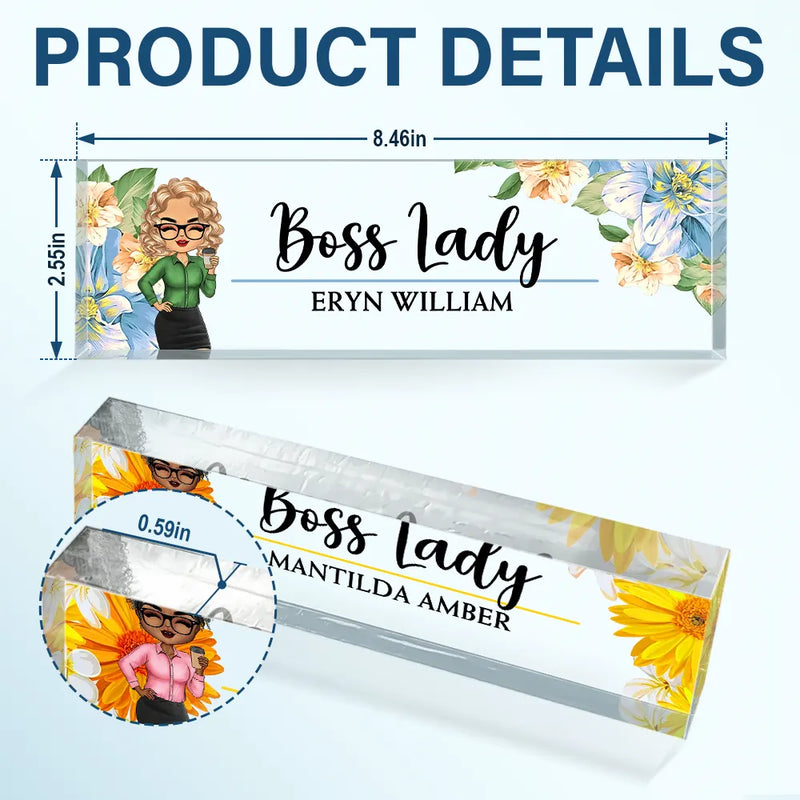 Gifts For Colleagues,Custom Photo,Gift For Bestie,Happy - Boss Lady Flower Frame - Personalized Desk Name Plate