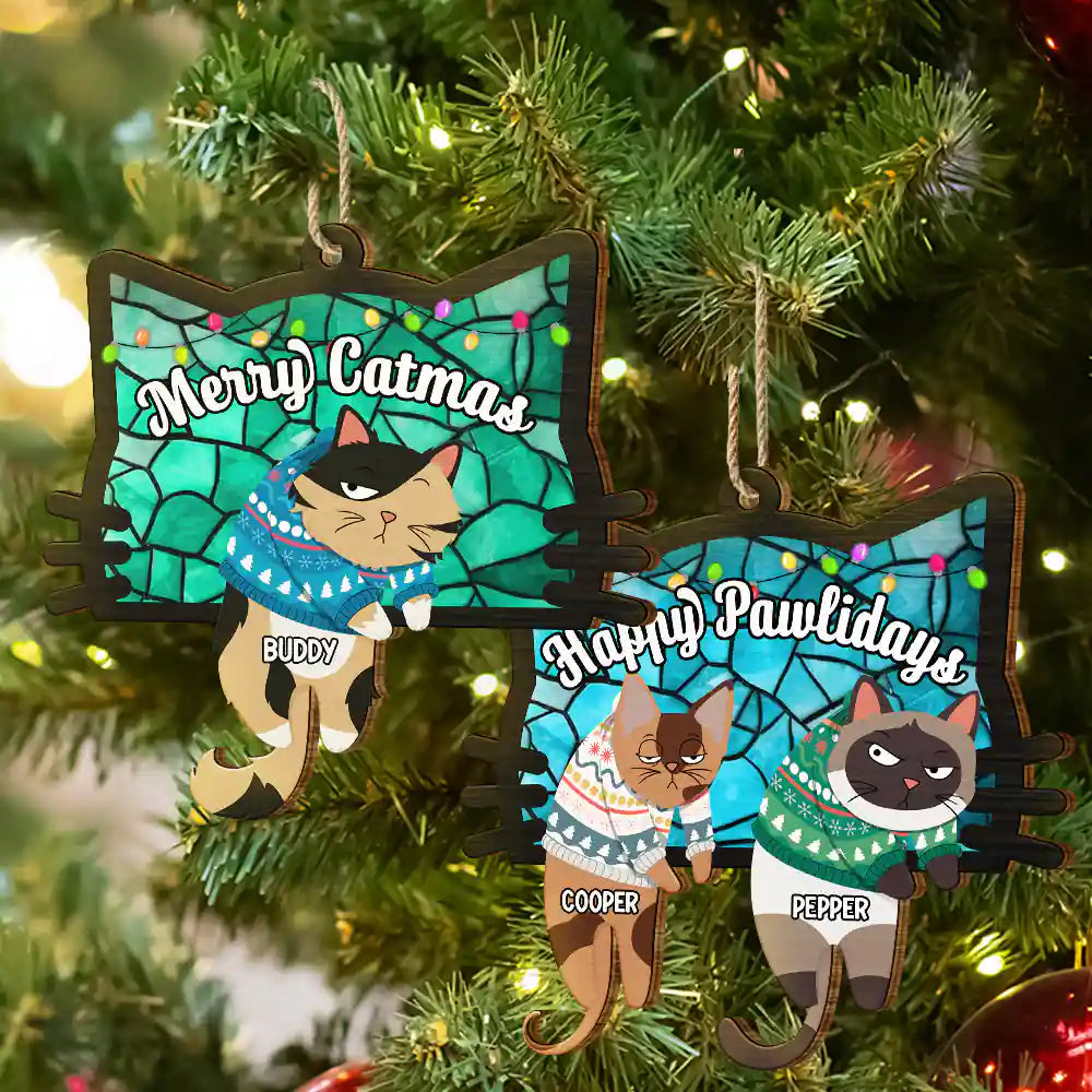Christmas,Happy,Pet Lovers,Cat Lovers - Hanging Cats Meowy Catmas - Personalized Wooden Cutout Ornament