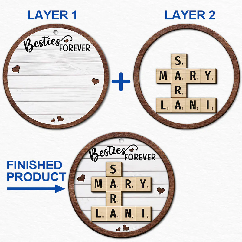 Christmas,Gift For Bestie,Gift For Sisters,Happy - Crossword Sisters Forever - Personalized 2-Layered Wooden Ornament
